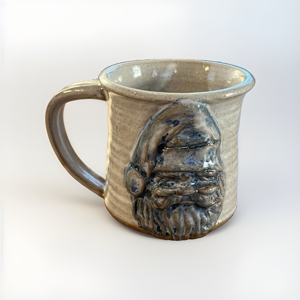 Handmade Studio Pottery Santa Face Mug Signed Beige Blue Stoneware Christmas Cup